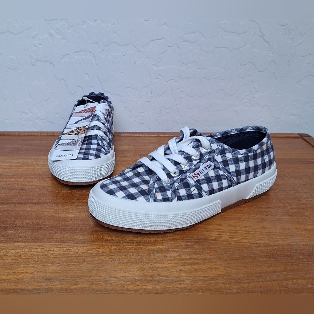 Superga Gingham Lace Up Sneakers Canvas Navy Blue Plaid Preppy NEW Womens 36